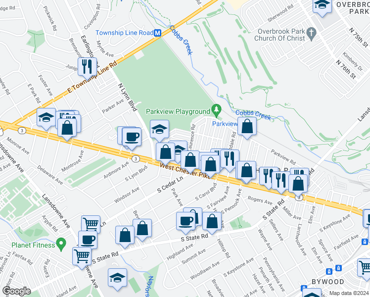 map of restaurants, bars, coffee shops, grocery stores, and more near 109 Green Valley Road in Upper Darby