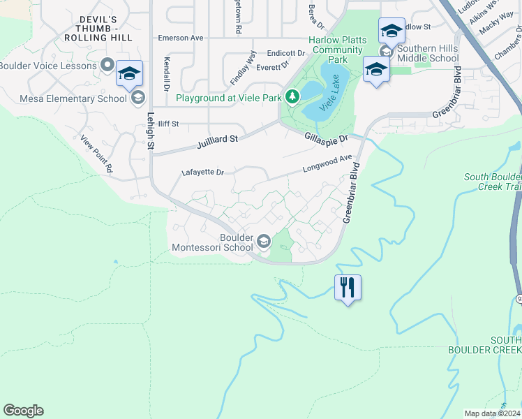 map of restaurants, bars, coffee shops, grocery stores, and more near 3485 Cripple Creek Square in Boulder