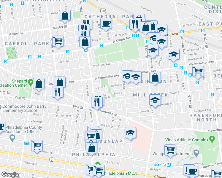 map of restaurants, bars, coffee shops, grocery stores, and more near 5065 Parrish Street in Philadelphia