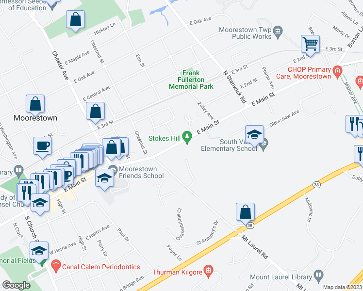 map of restaurants, bars, coffee shops, grocery stores, and more near 234 East Main Street in Moorestown