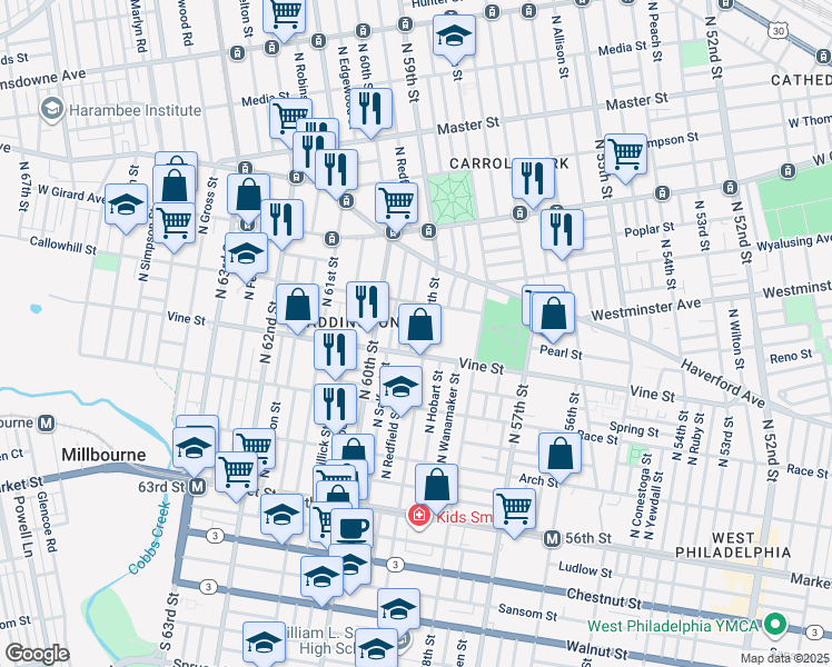 map of restaurants, bars, coffee shops, grocery stores, and more near 327 North Redfield Street in Philadelphia