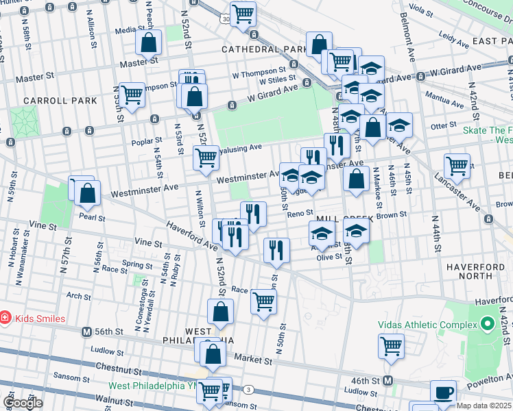 map of restaurants, bars, coffee shops, grocery stores, and more near 5061 Parrish Street in Philadelphia