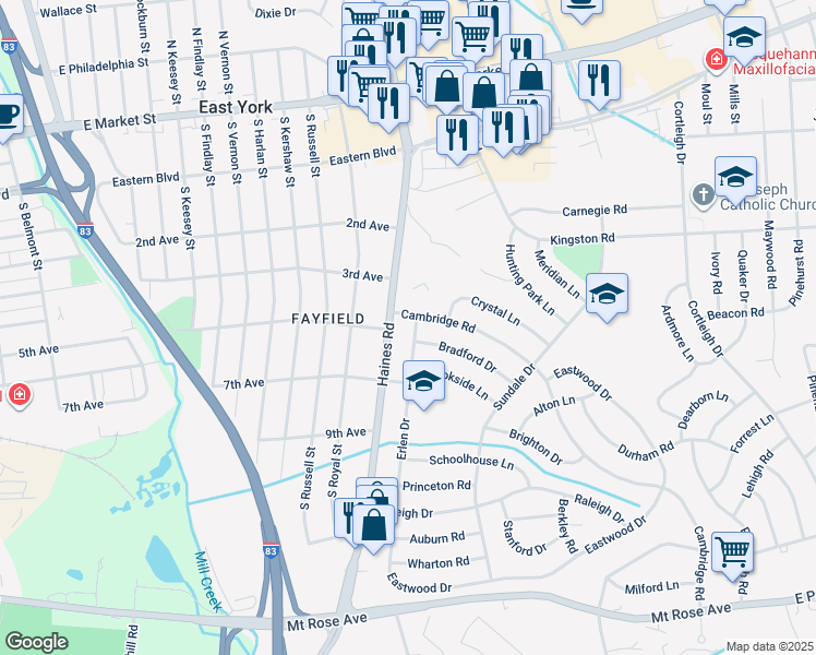 map of restaurants, bars, coffee shops, grocery stores, and more near 510 Erlen Drive in York