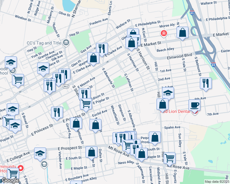 map of restaurants, bars, coffee shops, grocery stores, and more near 208 South Albemarle Street in York