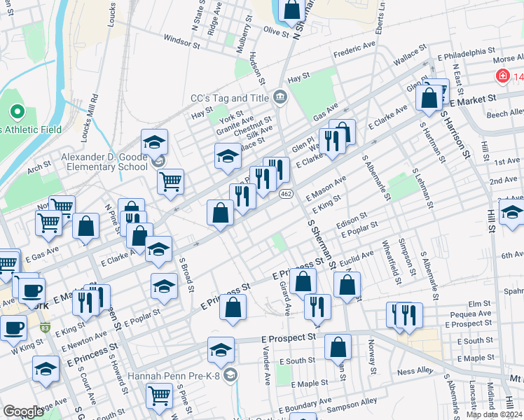 map of restaurants, bars, coffee shops, grocery stores, and more near 658 East Market Street in York