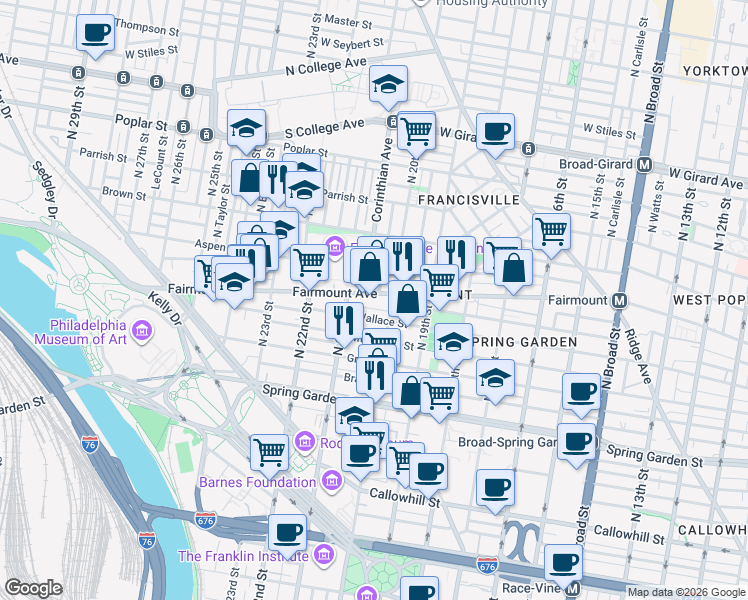 map of restaurants, bars, coffee shops, grocery stores, and more near 2020 Fairmount Avenue in Philadelphia