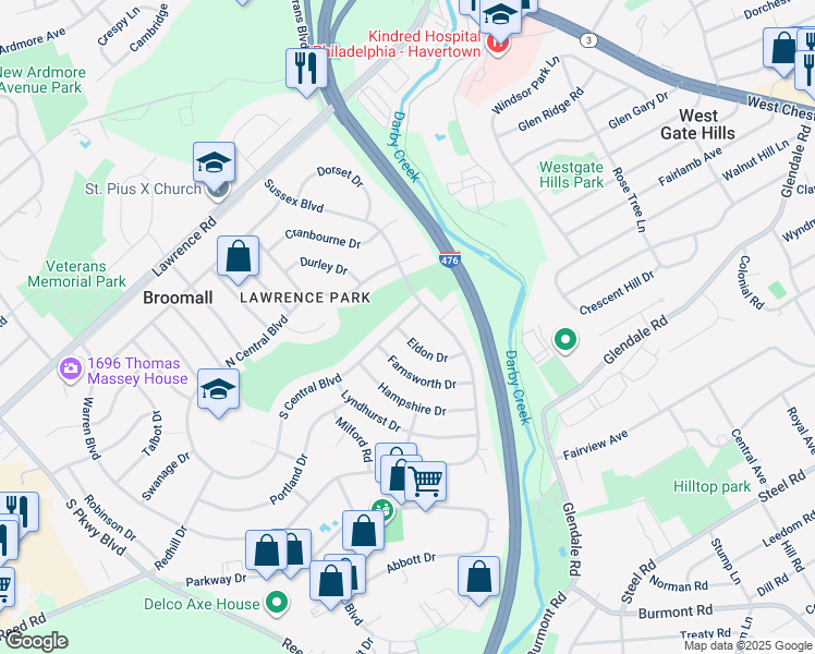 map of restaurants, bars, coffee shops, grocery stores, and more near 627 S Central Blvd in Broomall