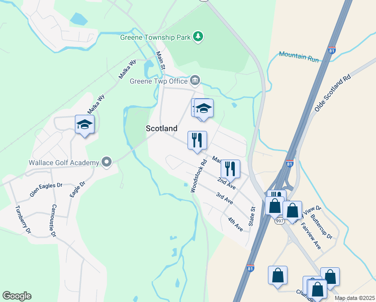 map of restaurants, bars, coffee shops, grocery stores, and more near 3837 Main Street in Chambersburg
