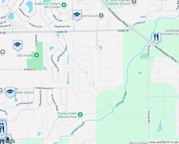 map of restaurants, bars, coffee shops, grocery stores, and more near 12289 Harvest Glen Boulevard in Fishers
