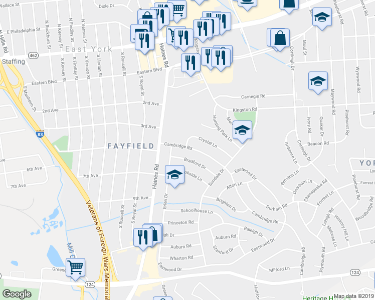 map of restaurants, bars, coffee shops, grocery stores, and more near 2432 Cambridge Road in East York