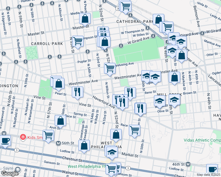 map of restaurants, bars, coffee shops, grocery stores, and more near 416 North 52nd Street in Philadelphia