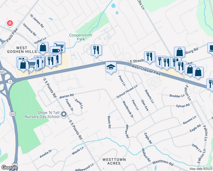 map of restaurants, bars, coffee shops, grocery stores, and more near 1151 Warren Road in West Chester