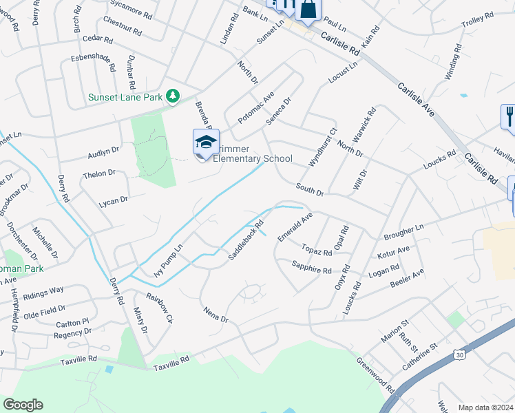 map of restaurants, bars, coffee shops, grocery stores, and more near 2115 Thoroughbred Court in York