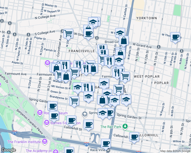 map of restaurants, bars, coffee shops, grocery stores, and more near 1624 Fairmount Avenue in Philadelphia