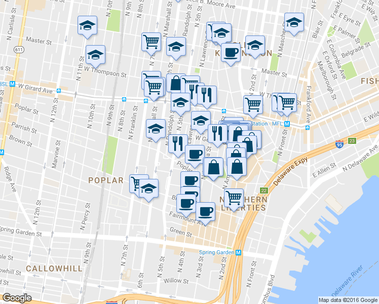 map of restaurants, bars, coffee shops, grocery stores, and more near 939 North Lawrence Street in Philadelphia