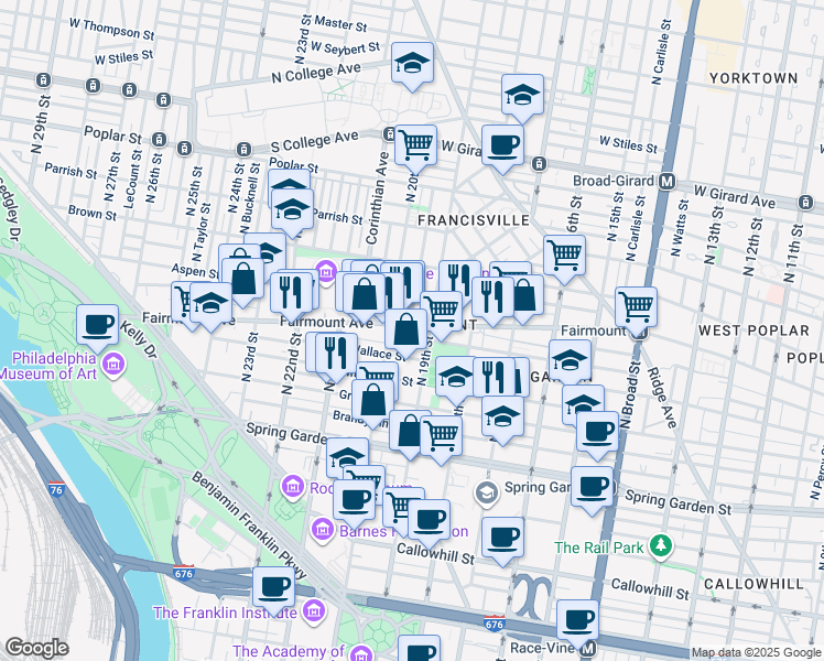 map of restaurants, bars, coffee shops, grocery stores, and more near 1918 Fairmount Avenue in Philadelphia