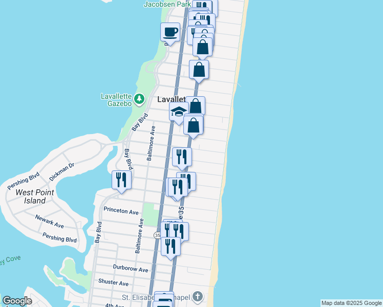 map of restaurants, bars, coffee shops, grocery stores, and more near 19 New Brunswick Avenue in Lavallette