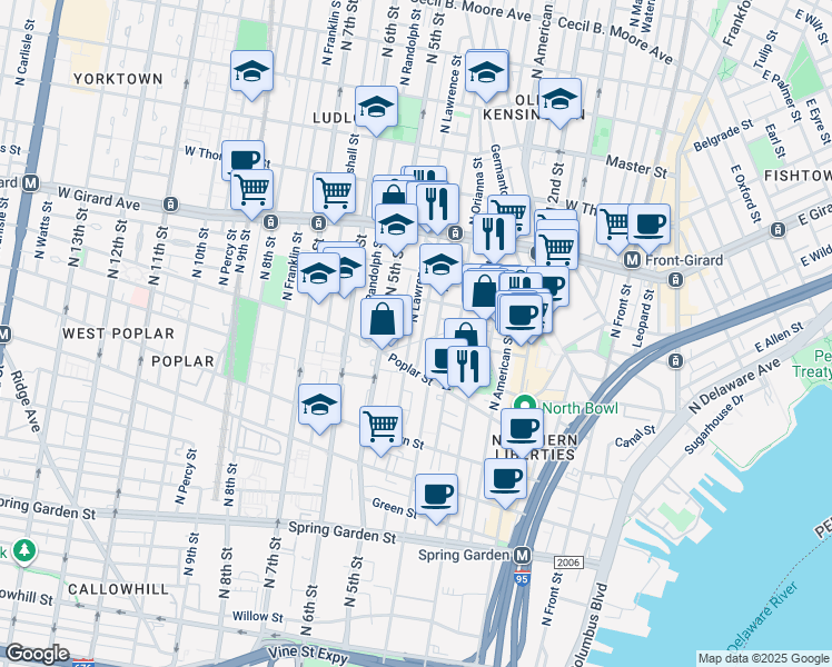 map of restaurants, bars, coffee shops, grocery stores, and more near 939 North Lawrence Street in Philadelphia