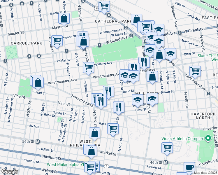 map of restaurants, bars, coffee shops, grocery stores, and more near 5065 Parrish Street in Philadelphia