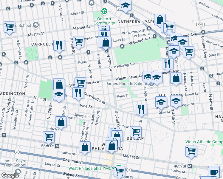 map of restaurants, bars, coffee shops, grocery stores, and more near 416 North 52nd Street in Philadelphia