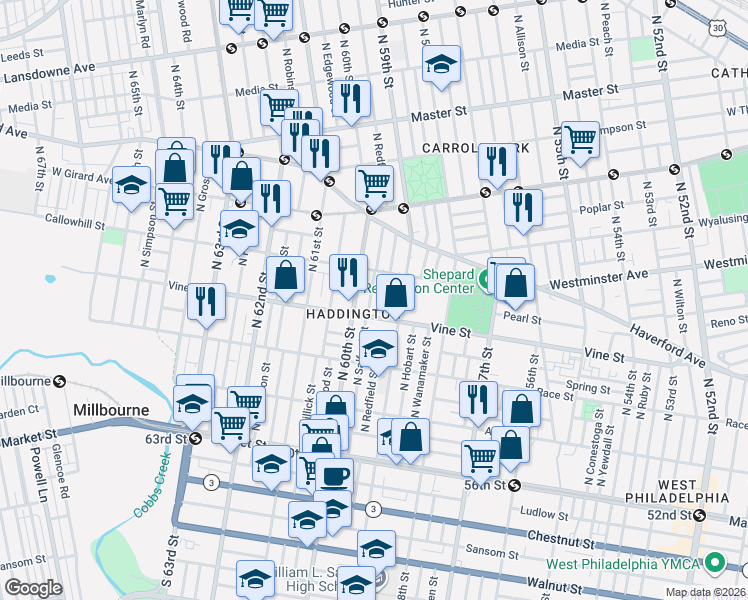map of restaurants, bars, coffee shops, grocery stores, and more near 346 North Redfield Street in Philadelphia