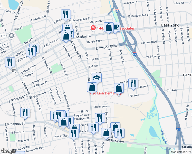 map of restaurants, bars, coffee shops, grocery stores, and more near 1425 4th Avenue in York