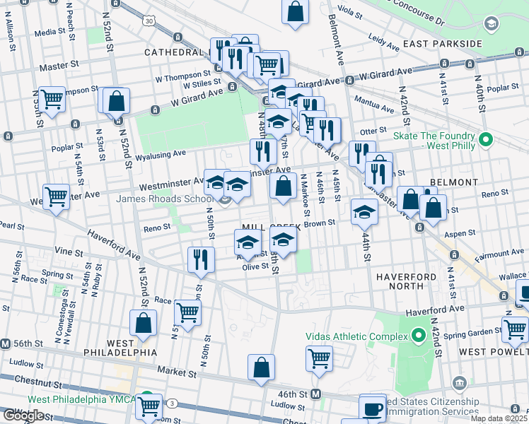 map of restaurants, bars, coffee shops, grocery stores, and more near 820 North 48th Street in Philadelphia