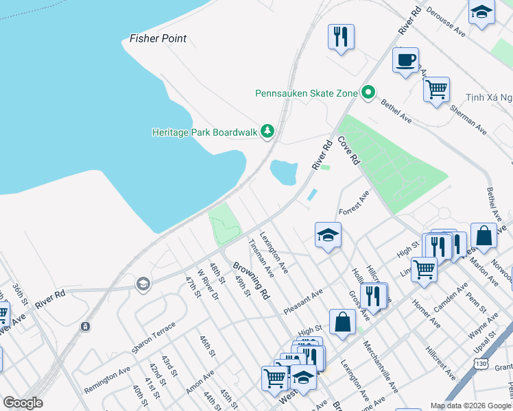 map of restaurants, bars, coffee shops, grocery stores, and more near 419 Springfield Avenue in Pennsauken Township