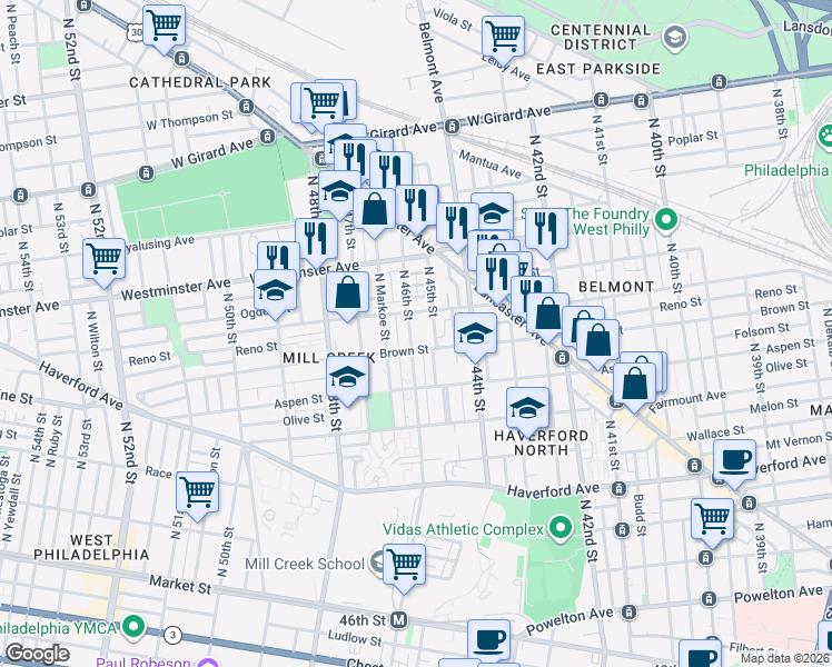 map of restaurants, bars, coffee shops, grocery stores, and more near 830 North 45th Street in Philadelphia