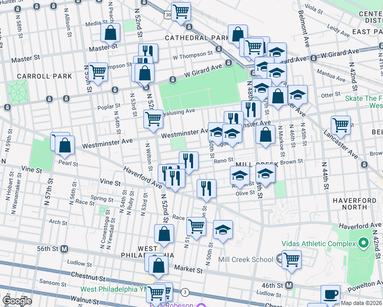 map of restaurants, bars, coffee shops, grocery stores, and more near 5055 Ogden Street in Philadelphia