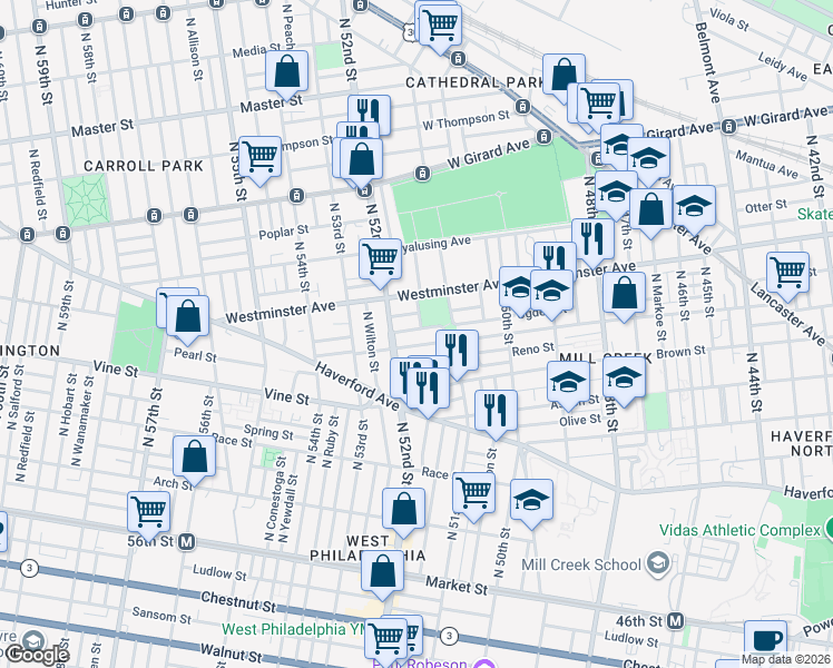 map of restaurants, bars, coffee shops, grocery stores, and more near 868-76 North 51st Street in Philadelphia