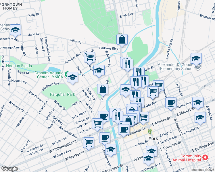 map of restaurants, bars, coffee shops, grocery stores, and more near 139 Hamilton Avenue in York