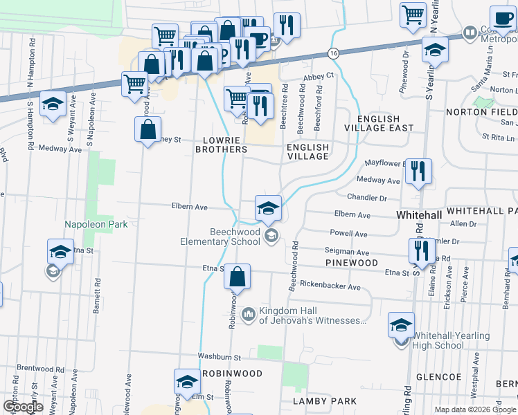 map of restaurants, bars, coffee shops, grocery stores, and more near 3958 Beechbank Road in Whitehall
