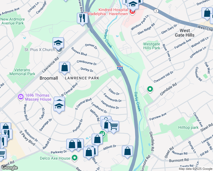 map of restaurants, bars, coffee shops, grocery stores, and more near 627 S Central Blvd in Broomall