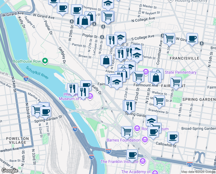 map of restaurants, bars, coffee shops, grocery stores, and more near 2401 Pennsylvania Avenue in Philadelphia