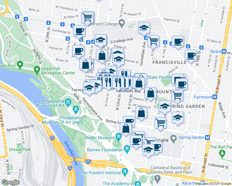 map of restaurants, bars, coffee shops, grocery stores, and more near 2200 Fairmount Avenue in Philadelphia