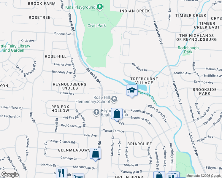 map of restaurants, bars, coffee shops, grocery stores, and more near 730 Rosehill Road in Reynoldsburg
