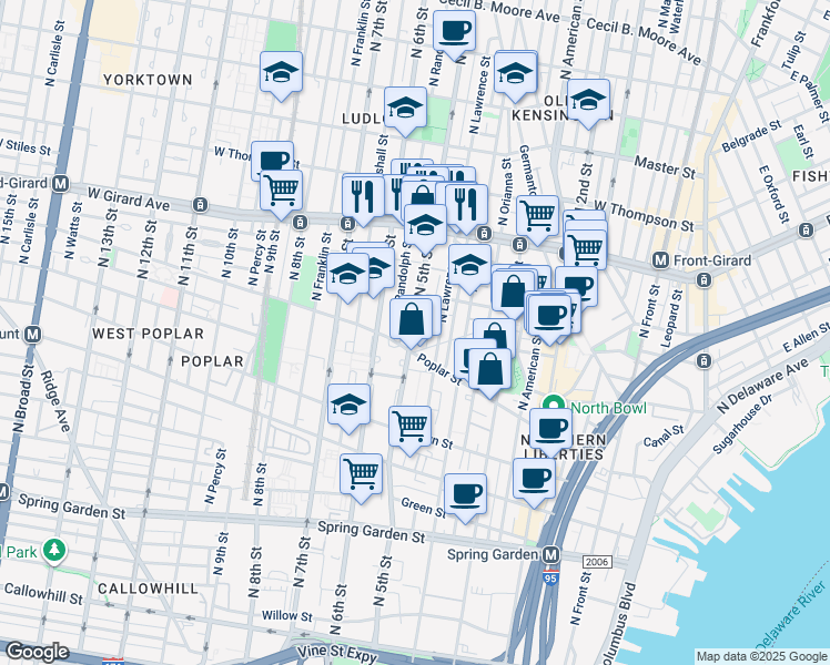 map of restaurants, bars, coffee shops, grocery stores, and more near 919 North 5th Street in Philadelphia