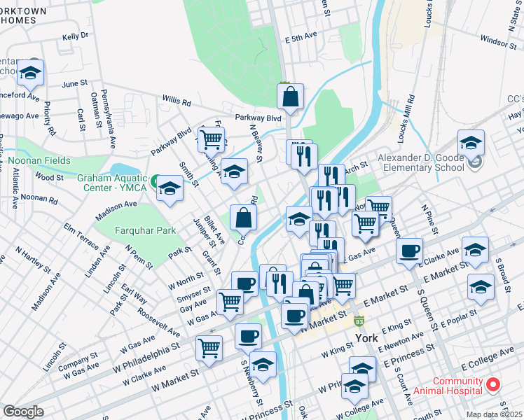 map of restaurants, bars, coffee shops, grocery stores, and more near 127 Hamilton Avenue in York