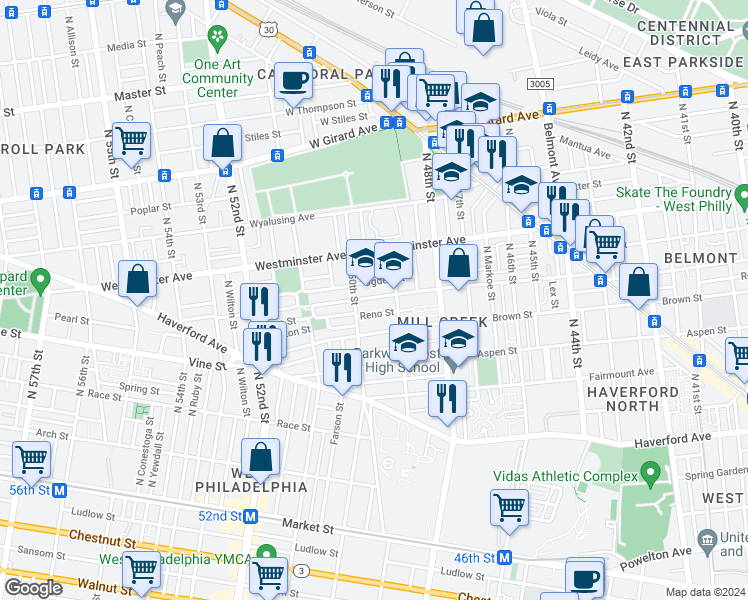 map of restaurants, bars, coffee shops, grocery stores, and more near 4926 Parrish Street in Philadelphia