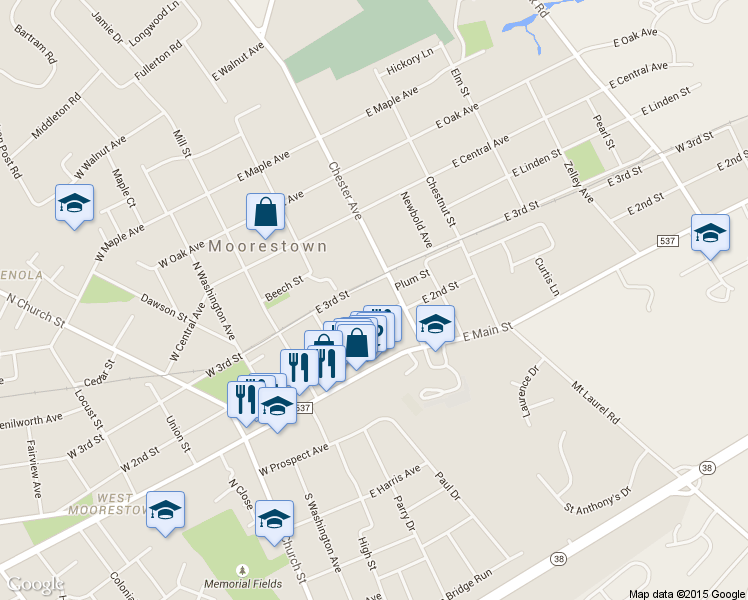 map of restaurants, bars, coffee shops, grocery stores, and more near 90 East 3rd Street in Moorestown