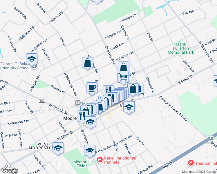 map of restaurants, bars, coffee shops, grocery stores, and more near 301 Lippincott Avenue in Moorestown