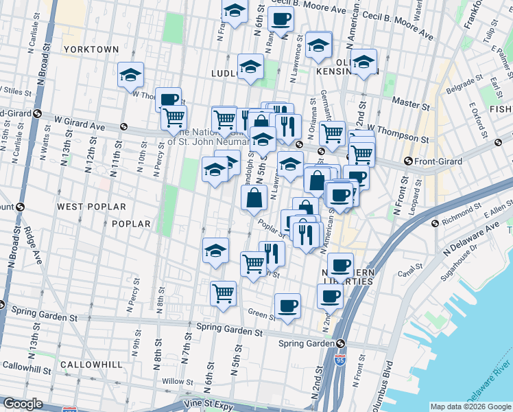 map of restaurants, bars, coffee shops, grocery stores, and more near 941 North 5th Street in Philadelphia