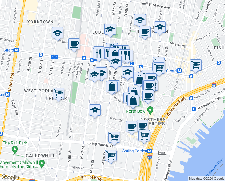 map of restaurants, bars, coffee shops, grocery stores, and more near 941 North 5th Street in Philadelphia