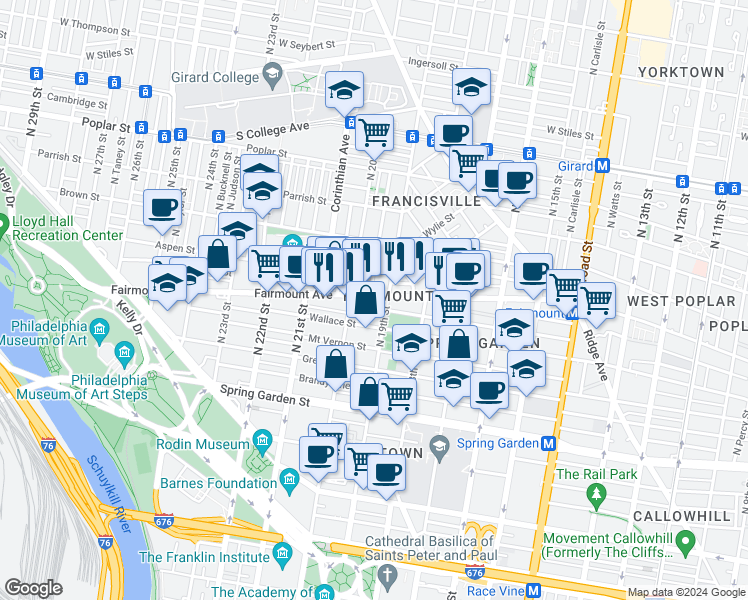 map of restaurants, bars, coffee shops, grocery stores, and more near in Philadelphia
