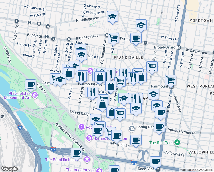 map of restaurants, bars, coffee shops, grocery stores, and more near 2000 Fairmount Avenue in Philadelphia