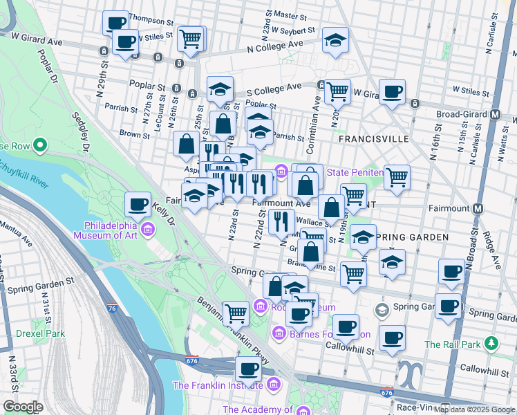 map of restaurants, bars, coffee shops, grocery stores, and more near 2200 Fairmount Avenue in Philadelphia