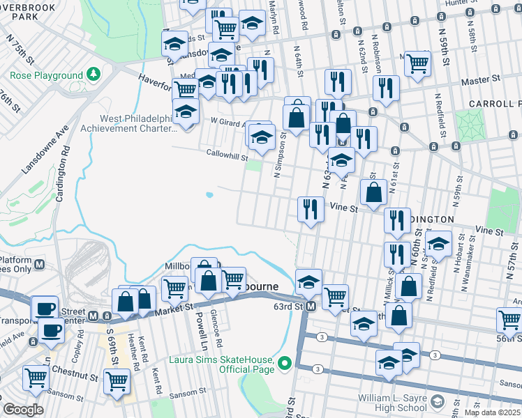 map of restaurants, bars, coffee shops, grocery stores, and more near 259 North Simpson Street in Philadelphia