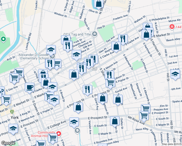 map of restaurants, bars, coffee shops, grocery stores, and more near 700 Pennsylvania 462 in York