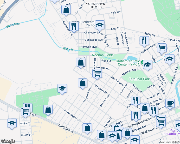 map of restaurants, bars, coffee shops, grocery stores, and more near 829 Roosevelt Avenue in York